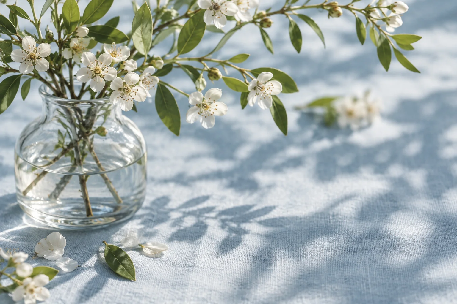 Imagem ilustrativa de flores brancas e folhas em vaso de vidro sobre linho azul